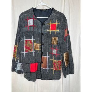 90s Julia Kim Patchwork Red Gold Textured Velvet Lagenlook Art To Wear Jacket M